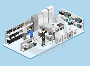 Isometric flat 3D interior household equipment store, computer shop