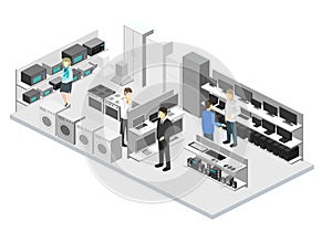 Isometric flat 3D interior household equipment store, computer shop