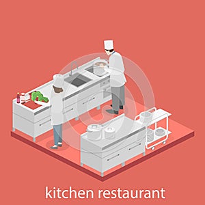 Isometric flat 3D interior of professional restaurant kitchen