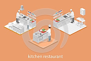 Isometric flat 3D interior of professional restaurant kitchen