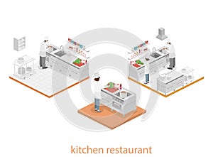 Isometric flat 3D interior of professional restaurant kitchen