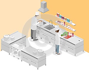 Isometric flat 3D interior of professional restaurant kitchen