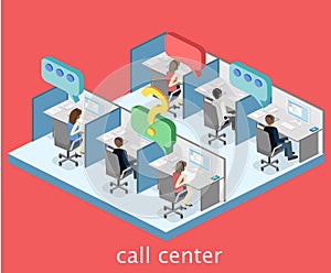 Isometric flat 3D interior working with headset in call center.