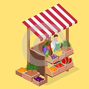 Isometric flat 3D isolated concept fruit stand.