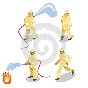 Isometric flat 3D isolated cutaway Firefighters in action.