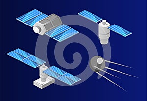 Isometric flat 3D isolated space GPS satellite. Wireless satellite technology.