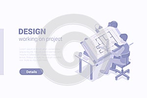 Isometric Flat 3D Man Male working design with drawing board vector concept