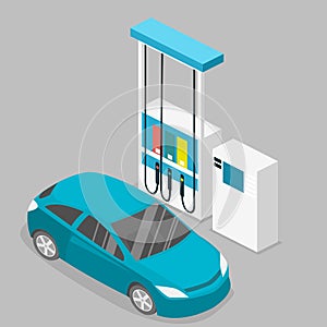 Isometric flat 3D outside Gas station, petrol station