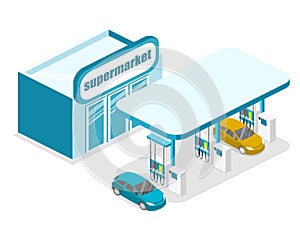 Isometric flat 3D outside Gas station, petrol station