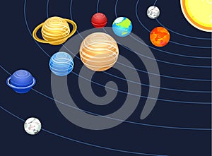 Isometric flat 3D solar system showing planets around sun