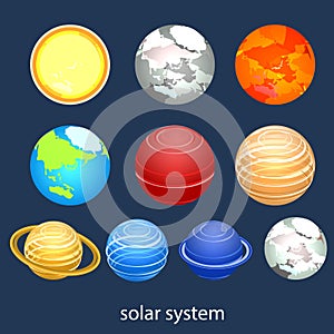 Isometric flat 3D solar system showing planets around sun