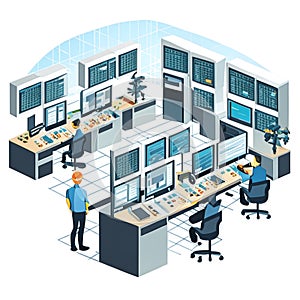 Isometric flat 3D vector illustration of office interior with computers and people Generative AI