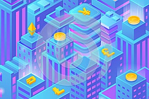 Isometric Flat Blockchain Cryptocurrency Market Skyscrapers City buildings Background vector design