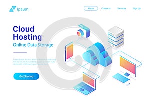 Isometric Flat Cloud Hosting Network vector. Onlin