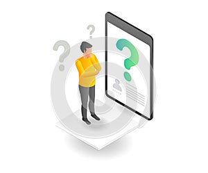 Isometric flat concept illustration of man thinking and question mark