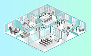 Isometric flat 3d abstract office floor interior departments concept vector.