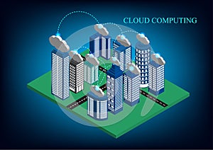The isometric flat 3D city with skyscrapers and clouds concept network technology cloud computing data storage illustrator