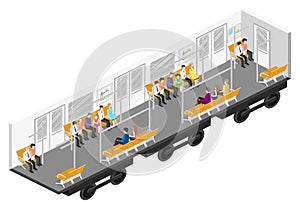 Isometric flat 3D concept interior of metro subway carriage.