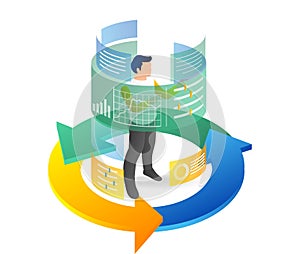 Isometric flat 3d illustration concept of man controlling data analyst