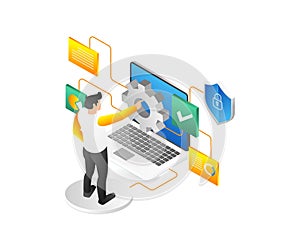 Isometric flat 3d illustration concept of man controlling digital transformation