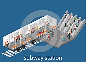 Isometric flat 3D interior of metro subway train carriage. underground station