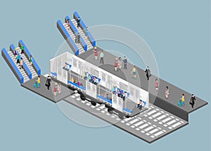 Isometric flat 3D interior of metro subway train carriage. underground station