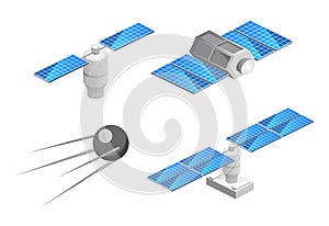 Isometric flat 3D isolated space GPS satellite. Wireless satellite technology.
