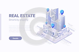 Isometric Flat 3D Smartcity Skyscraper business district Real Estate vector concept