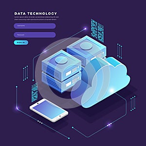 Isometric flat design concept cloud technology data transfer and