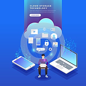 Isometric flat design concept cloud technology data transfer and