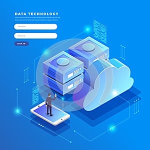 Isometric flat design concept cloud technology data transfer and