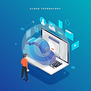 Isometric flat design concept cloud technology data transfer and