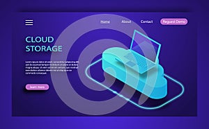 Isometric flat design concept cloud technology data transfer and storage.