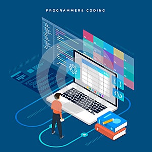 Isometric flat design concept programmer and coding. Vector illustration. Website layout design.