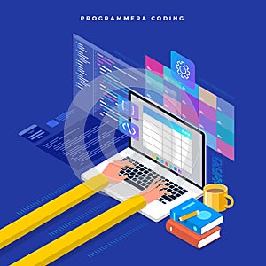 Isometric flat design concept programmer and coding. Vector illustration. Website layout design.