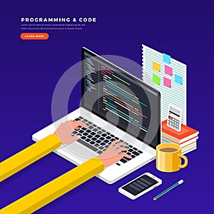 Isometric flat design concept programmer and coding. Vector illustration. Website layout design.