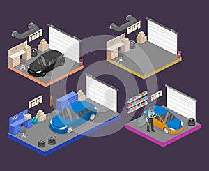 Isometric flat 3Dinterior working place with tools in garage.