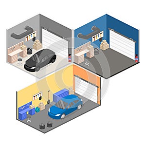 Isometric flat 3Dinterior working place with tools in garage.