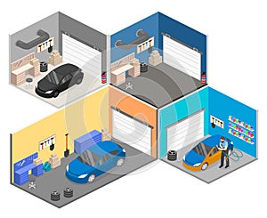 Isometric flat 3Dinterior working place with tools in garage.
