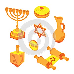 Isometric flat hanukkah set, jewish holidays icons with menorah candles and happy hanukkah ribbon. Illustration of elements for