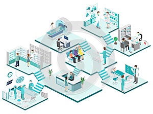 Isometric flat interior of hospital room, pharmacy, doctor`s office,