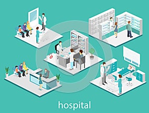 Isometric flat interior of hospital room, pharmacy, doctor`s office, waiting room, reception. Doctors treating the patient. Flat