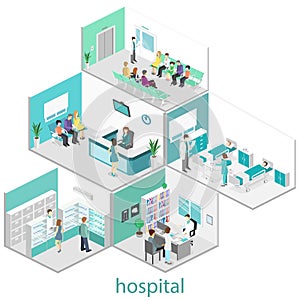 Isometric flat interior of hospital room, pharmacy, doctors office, waiting room