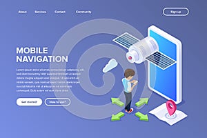 Isometric flat mobile navigation concept. person uses mobile phone to pave the way. Satellite on the background of giant