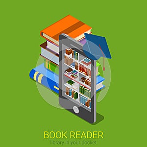 Isometric flat online library lib e-book electronic book reader