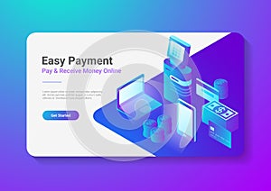 Isometric Flat Online Payment by Smartphone Laptop POS Terminal with Credit Debit Card Coins Cash Money