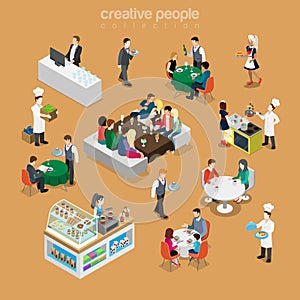 Isometric flat People in restaurant cook desert