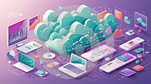 Isometric Flat-Plus Vector of Cloud Analytics Dashboard with Devices photo