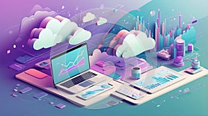 Isometric Flat-Plus Vector of Cloud Analytics Dashboard with Devices photo