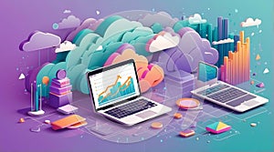 Isometric Flat-Plus Vector of Cloud Analytics Dashboard with Devices photo